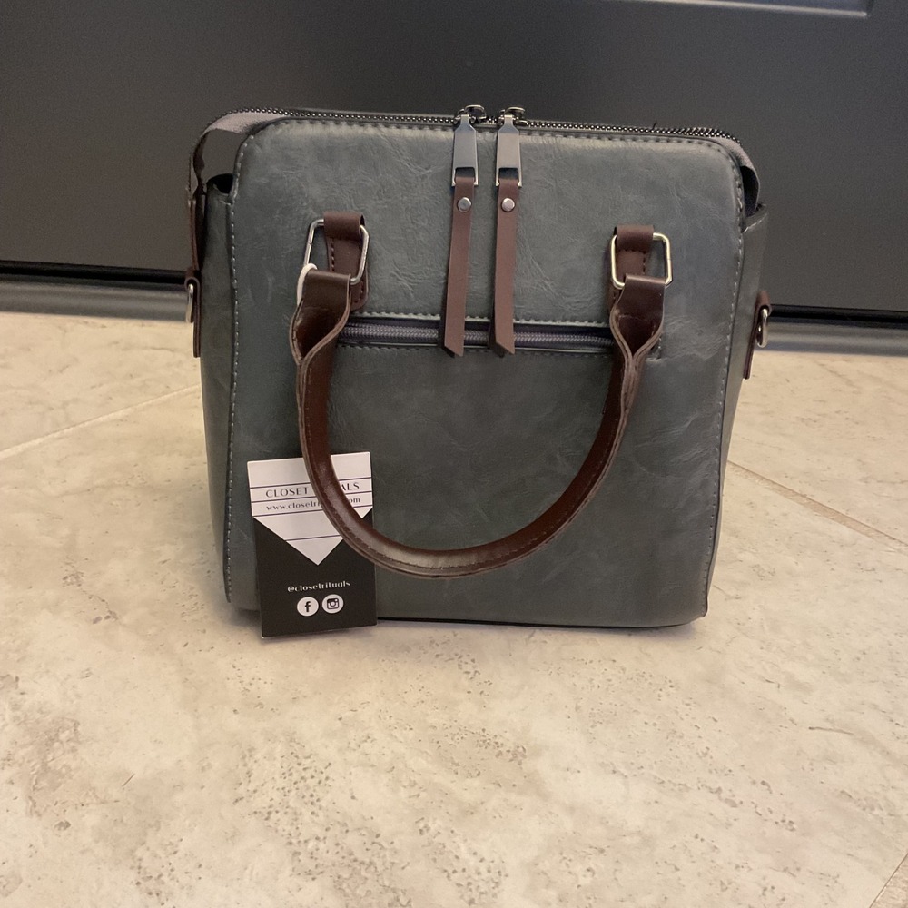 Closet Rituals Vegan Leather Satchel Handbag Gray Brown Top Handle Bag NWT